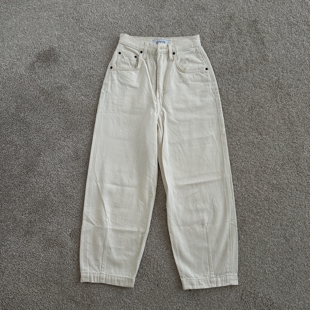Cream coloured high waisted barrel leg jeans